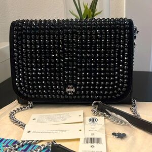 TORY BURCH• EMERSON CHAIN WALLET WITH CRYSTAL-BLACK - EUC